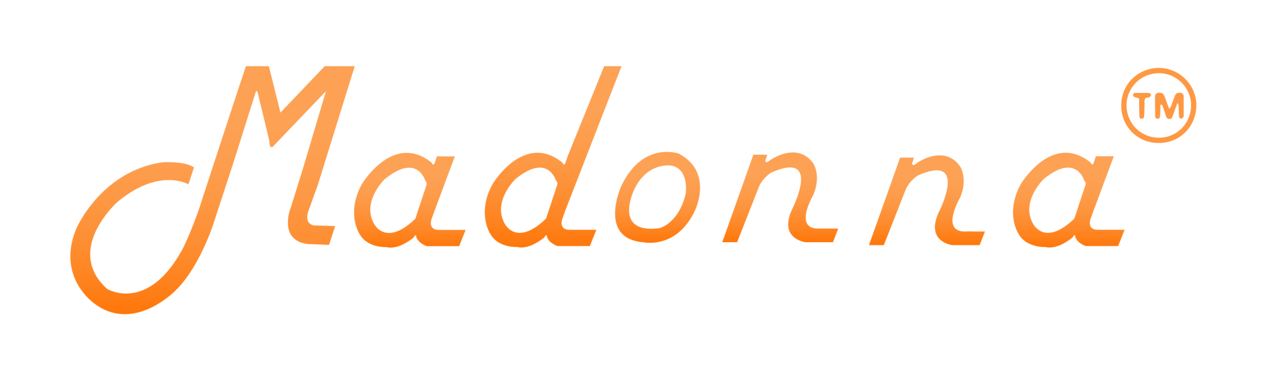 A transparent image of text 'Madonna TM' written in orange color